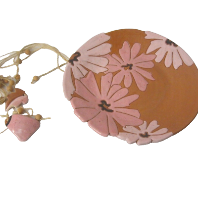 #ad Artisan Pottery Plate Mobile Windchime 9quot; Pink Terracotta Floral Patio Signed $35.99