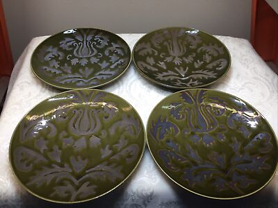 Damask Pattern Purple and Green Pottery Salad Dessert Plate Set Of 4 $24.99