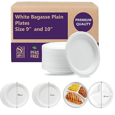 #ad Bagasse Plates White Food Disposable Party Paper Biodegradable 100% Compostable GBP 7.99