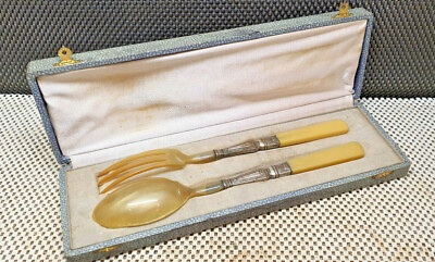 #ad Antique Cutlery To Salad Horn Metal Silver IN Box Years 50 Vintage $27.60