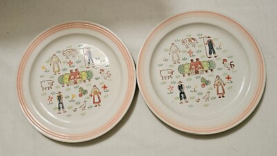 #ad Vtg Stoneware Set of 2 Salad Plates 7 5 8quot; COUNTRY DAY Farmer Cow Chicken MIJ $12.94
