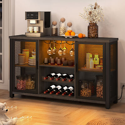 Farmhouse LED Coffee Bar Cabinet Wine Liquor Storage Display Sideboard Buffet $152.99