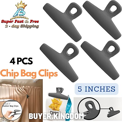 #ad #ad 4 Food Clips Chip Bags Grip Sealer Paper Holder Binder Rubber Clamp Grip 5quot; Grey $18.10
