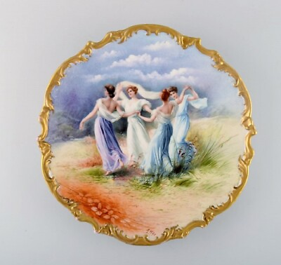#ad Limoges France. Large antique dish in hand painted porcelain with dancers. $750.00