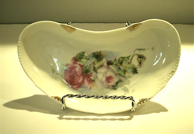 Antique German Porcelain Fish Bone or Oyster Dish Red amp; White Roses Gold Trimmed $16.00