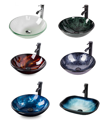 #ad Bathroom Vessel Sink Tempered Glass Countertop Basin Sink Bowl Faucet Drain $98.99