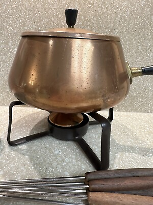 Culinox Spring Switzerland Solid Copper Fondue Pot Stand Forks amp; Sterno Fuel $39.99