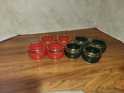 #ad Set of 8 Vtg. Glasses Roly Poly Bar MCM red and green 22K Gold Dorothy Thorpe $87.00