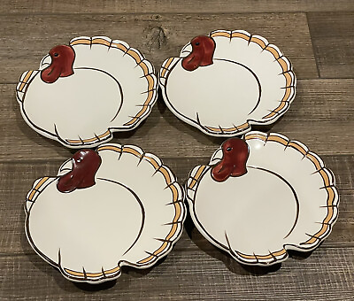 #ad Pottery Barn Gobble Plates Thanksgiving 7 in Turkey Shaped Set of 4 Vintage Box $34.95