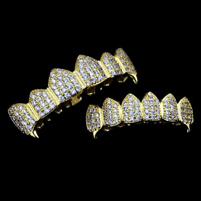 14K Gold Plated CZ Cluster Custom Slugs Top Bottom Fang GRILLZ Mouth Teeth Set $8.99