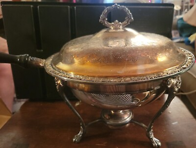 #ad Vintage Silver Plated Footed Buffet 4 Piece Chafing Dish Set with Wood Handle $39.95