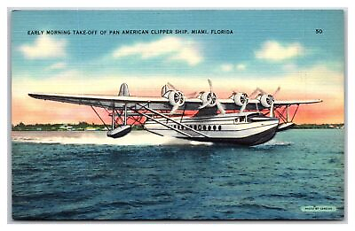 #ad #ad MIAMI Florida Postcard quot;PAN AMERICAN CLIPPER SHIPquot; Aviation Linen UNP NICE $4.50