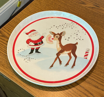 #ad Pottery Barn Kids 2014 Rudolph Red Nosed Reindeer Santa Melamine Plate $9.99
