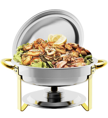 #ad Stainless Steel Round Chafers and Buffet Warmers Set 5 QT with Gold Accents NEW $55.00