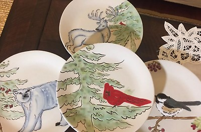 #ad NIB Pottery Barn S 4 WINTER FOREST 8quot; PLATES CHRISTMAS STAG ARCTIC $95.95