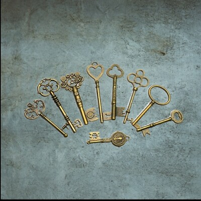 #ad #ad 9pcs set Vintage Antique Bronze Skeleton Keys Cabinet Barrel Old Lock For Diy $7.58