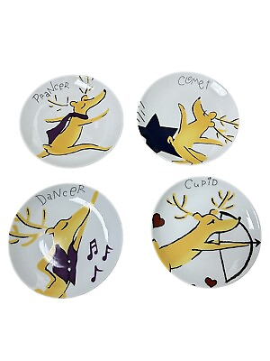 #ad #ad Pottery Barn Set Of 4 Reindeer Dessert Appetizers Salad Plates 7” GUC $49.90