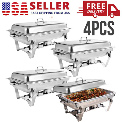 4PCS SET CATERING STAINLESS STEEL CHAFER CHAFING DISH SETS 8 QT FULL SIZE BUFFET $142.88