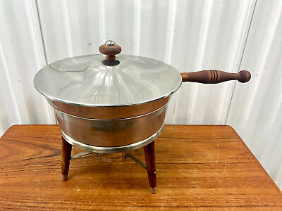 #ad VTG Mid Century Stainless Steel Chafing Dish Warming Pan Wood Handles amp; Stand $46.99