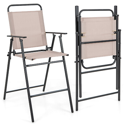 #ad 2PCS Patio Folding Bar height Chairs W Armrests Quick drying Seat Beige Backyard $99.99
