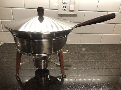 #ad Mid Century Modern Chafing Dish with Base amp; Lid Wooden Handles amp; Legs Stainless $19.99