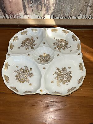 #ad Vintage Dish Hand Painted France White Gold Floral Pattern 5 Section Ceramic $9.07