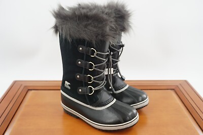 Sorel Joan of Artic Boots Size 4 Youth Shoes Black Suede Lace Up WP Winter Boots $49.56