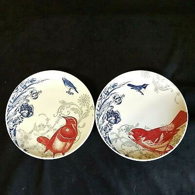 Vintage Pottery Plates Red And Blue Birds Silver Foliage Lot of 2 Preowned $16.00