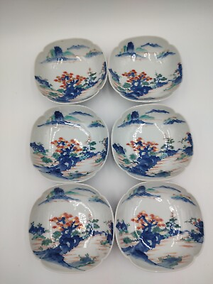 #ad Antique Set of 6 Porcelain Meiji Period Bowls Kakiemon Mountain Landscape Japan $227.50