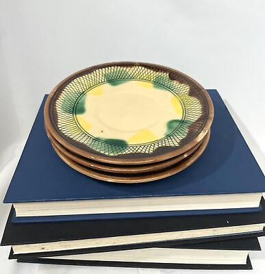 vintage majolica pottery plates saucers brown green yellow Set Of 3 Ceramic $24.00