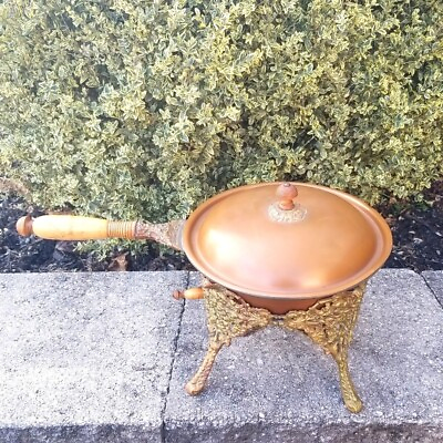 #ad antique CHAFING DISH copper pan with lid cast iron sterno pot holder fondue set $150.00
