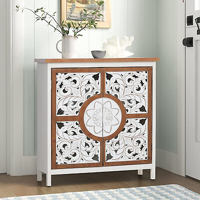 Entryway Accent Storage Cabinet w 2 Doors Distressed Sideboard Buffet Hollow $179.99