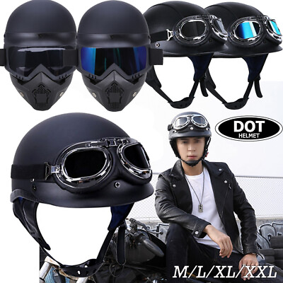 German Motorcycle Half Helmet w Pilot Goggles Scooter Chopper M L XL XXL DOT $12.99
