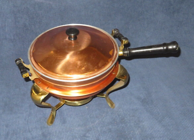 #ad Antique Round 15.5quot; Copper Double Handled Chafing Warming Dish w Burner amp; Stand $115.00