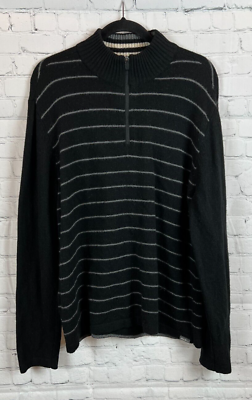 #ad EDDIE BAUER mens black gray striped wool blend zip mock neck sweater pullover L $35.00