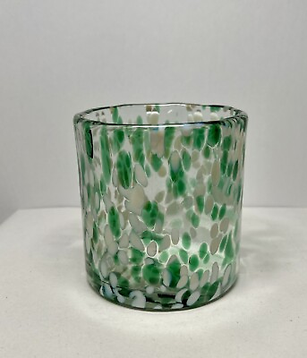 #ad Hand Blown CONFETTI ART GLASS Candle Holder Clear Green White Confetti 4”x4” $7.00