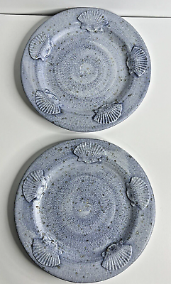 #ad 2 Hand Painted Italian Pottery Plates 11quot; Made in Italy Blue Embossed Shells $25.20