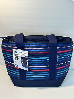 #ad Artic Zone Insulated Tote 16 Can Navy Blue Striped Medium Holder Cooler Bag NWT $11.97