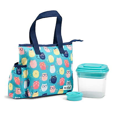 #ad Fit Fresh Lunch Bag for Women with Salad Container Aqua with Multi Color Cats $22.27