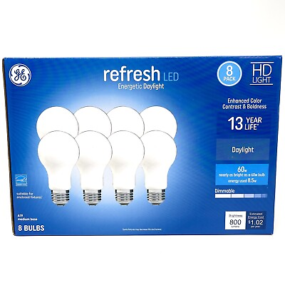 GE Refresh LED Light Bulb A19 Daylight Dimmable 8.5w 60Watt Replacement 8 PACK $16.50