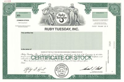 #ad #ad Ruby Tuesday Inc. 1996 Specimen Stock Certificate Specimen Stocks amp; Bonds $78.00