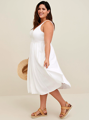 #ad Womens Torrid Midi Lenny Smocked Bodice Dress Bright White Size 0 12 large NWT $70.95
