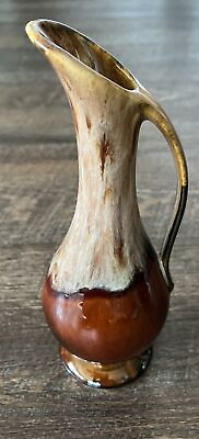 #ad Vintage 8quot; USA Art Pottery Brown Drip Glaze Pitcher Bud Vase Ewer With Handle $9.75
