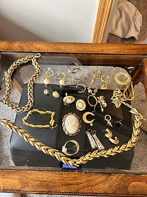 #ad Beautiful Gold tone Jewelry 24 Piece Variety Lot Vintage Chains Earrings Pins $49.49
