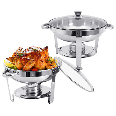 #ad 2 Pcs Round Stainless Steel Silver Chafing Dish Buffet Set 5.3QT Food Warmer $67.89