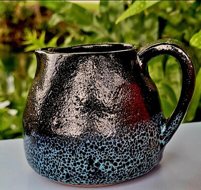 #ad Vintage Studio Pottery Rustic Creamer in Blue Black Handmade. $25.00