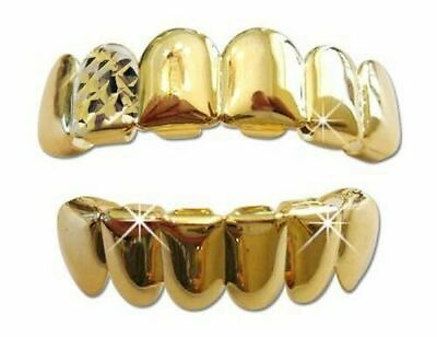 High Quality 14K Gold GP Mouth Teeth Diamond Cut Grillz Upper Lower Set w Molds $12.99