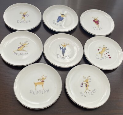 #ad Pottery Barn REINDEER 8 Small Plates 4” $48.00