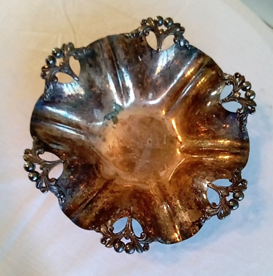 #ad Vintage Large 10quot; quot;SILVER on COPPERquot; Fancy Tarnished Silver Dish 784 Grams $19.35