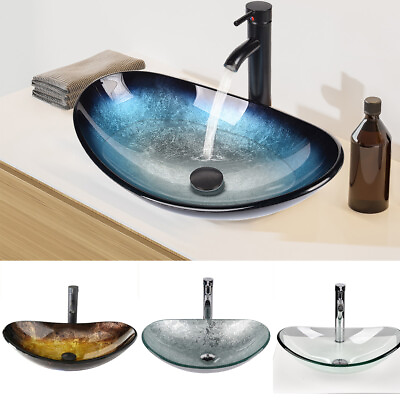 #ad Bathroom Vessel Sink Basin Tempered Glass Countertop Bowl Faucet Pop Up Drain $89.99
